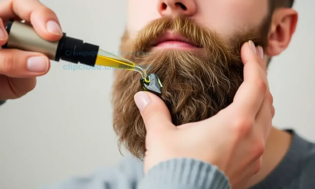 A person applying beard oil to their beard, showing the proper technique. The image should depict a close-up of a hand massaging beard oil into a well-groomed beard, highlighting the texture and shine of the oil. The background should be neutral and blurred to focus on the action.