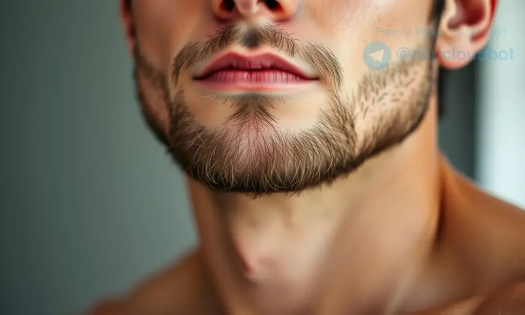 A close-up portrait of a man in his mid-30s to 40s with a short, well-groomed beard that appears to be growing slowly, showing subtle patches and uneven growth, natural lighting, realistic skin texture, neutral background