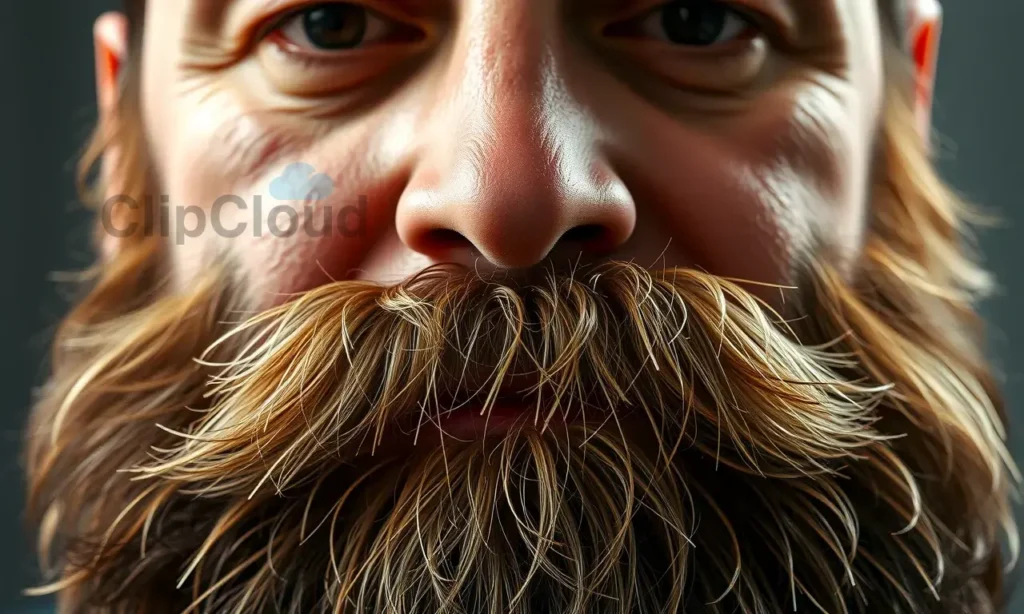 A close-up portrait of a man with a full, fluffy beard that is visibly puffing up and sticking out in various directions, showing strands radiating outward in different angles, natural lighting, realistic skin texture, detailed hair strands, no text or symbols on the face, no accessories, no background clutter