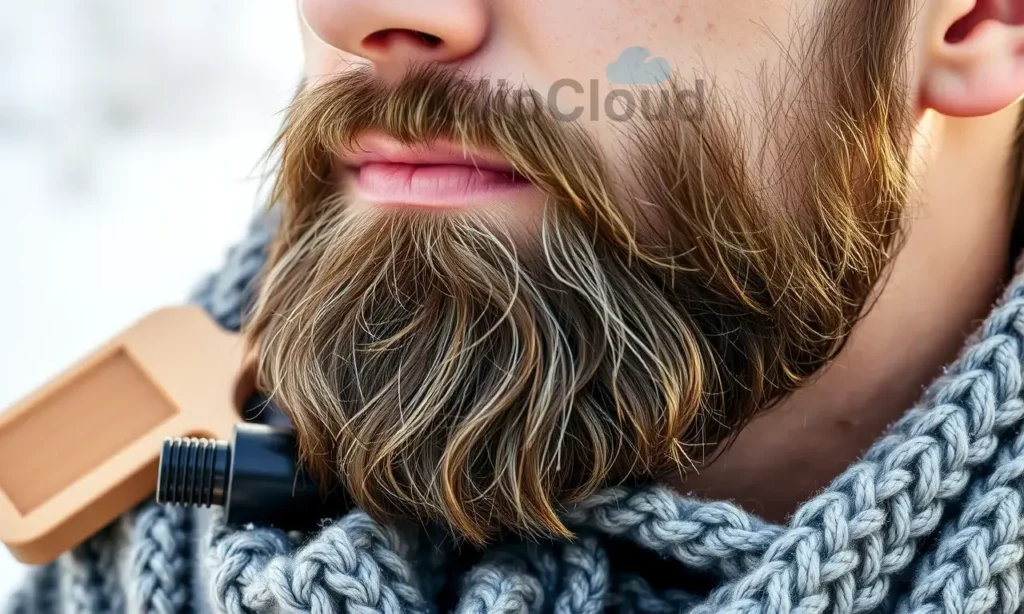 A close-up of a well-groomed beard in winter, showing healthy, moisturized facial hair with subtle frost on the tips, set against a soft snowy background. The beard is neatly trimmed, with natural texture and shine, indicating proper care. A wooden beard comb and a small bottle of beard oil rest gently on a knitted gray scarf nearby. Warm, diffused daylight from a winter morning illuminates the scene, emphasizing hydration and softness. No text, no logos, no people visible.
