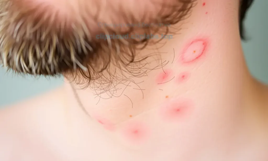 A close-up of a man's beard area with slight redness and irritation on the skin, showing subtle signs of allergic reaction such as mild swelling and red patches, natural lighting, realistic skin texture, no text or symbols on the skin, no words or letters visible