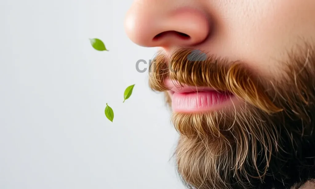 A close-up of a man's beard with visible smoke particles fading away, clean and fresh scent represented by subtle green leaves or air bubbles, realistic texture, neutral background, no text or symbols