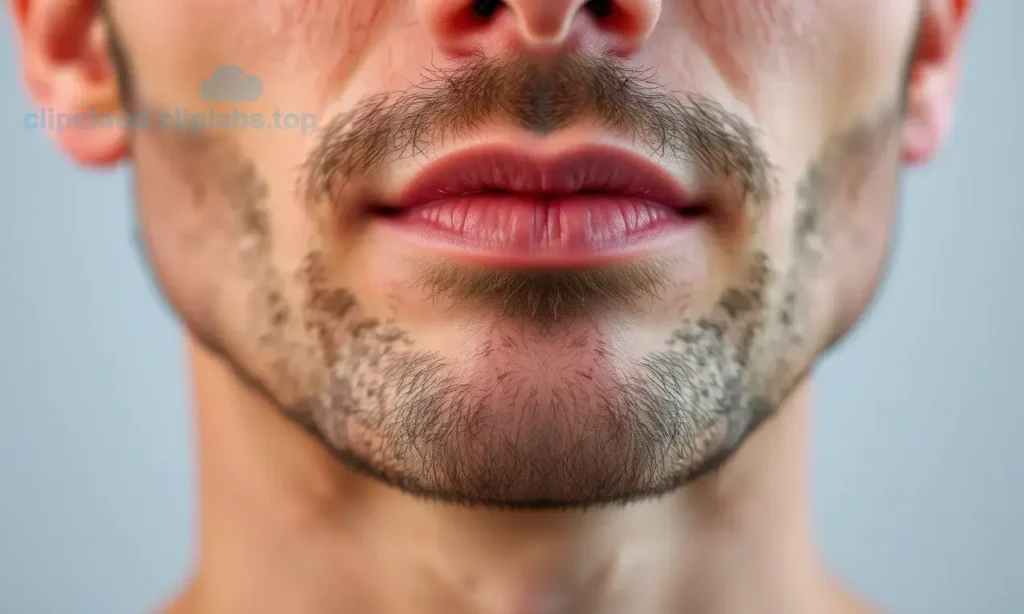 A close-up of a man's face showing early-stage beard growth with soft, slightly coarse stubble on the chin and jawline, natural skin texture, subtle lighting highlighting the follicles, no visible irritation or redness, realistic skin tones, shallow depth of field, focus on the stubble area, neutral background