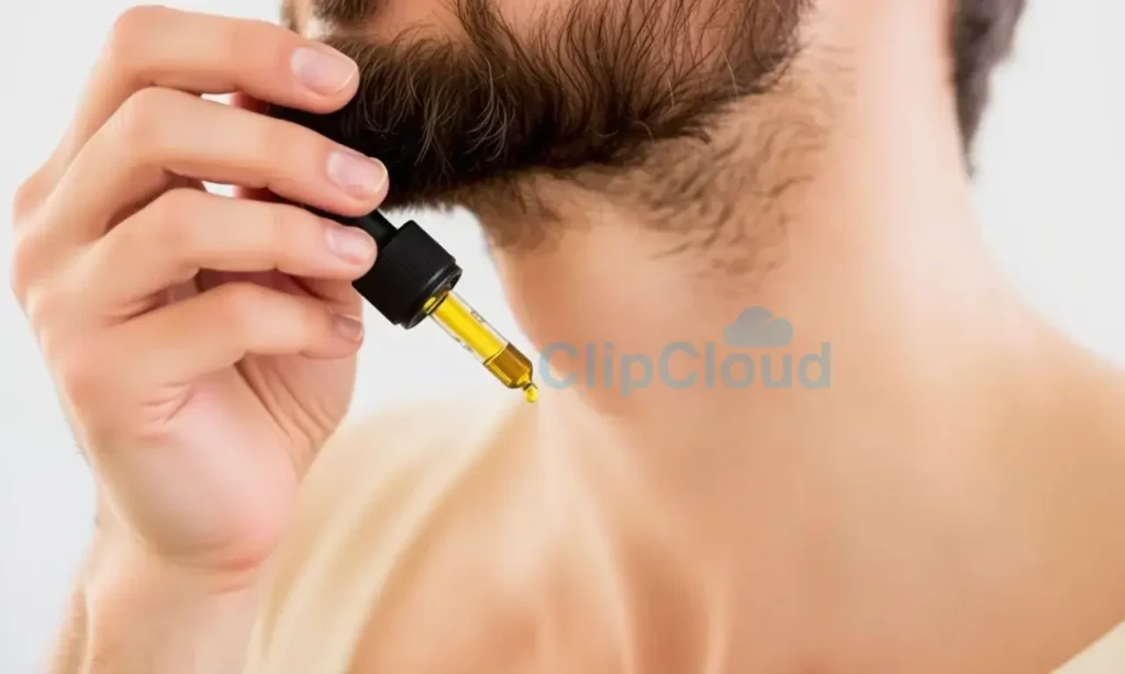 A man applying beard oil to his beard, showing the correct technique with a dropper bottle, hands massaging the oil into the beard and skin, natural lighting, clean background, focus on the application process