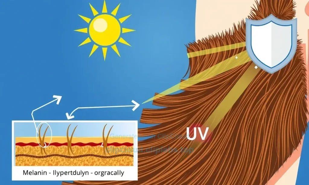 A detailed scientific illustration showing human beard hair strands under sunlight, with visible pigment fading (lighter coloration) at the tips due to UV exposure, alongside a cross-section diagram of hair follicles demonstrating melanin breakdown, a sun icon emitting rays, and a protective shield symbol over the beard, all in clear educational infographic style with labeled parts