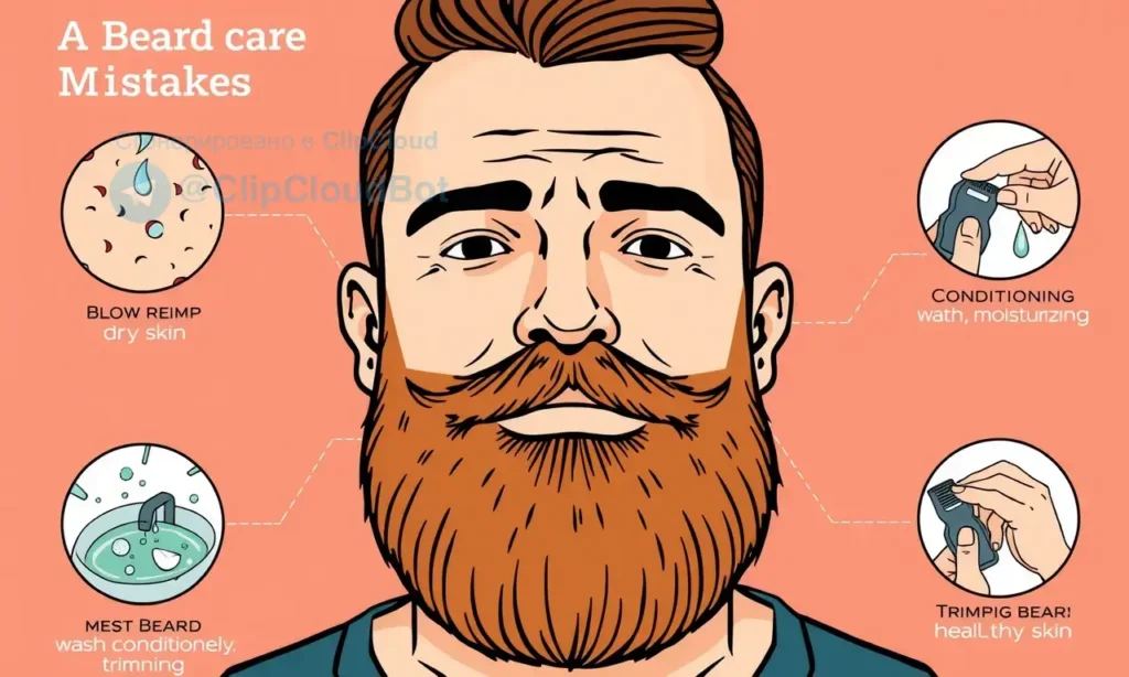 A detailed illustration of a man with a well-groomed beard, showcasing the steps of proper beard care. The image should include visual representations of common beard care mistakes such as dry skin, beard dandruff, and uneven trimming. Additionally, depict the correct techniques for washing, conditioning, moisturizing, and trimming the beard to maintain healthy skin and a beautiful beard.