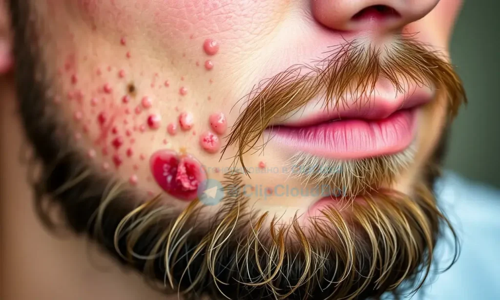 A close-up of a man's beard area showing inflamed pimples and acne on the skin beneath the beard, realistic skin texture with visible redness and bumps, natural lighting, no text or symbols on the skin, no makeup or cosmetic products visible