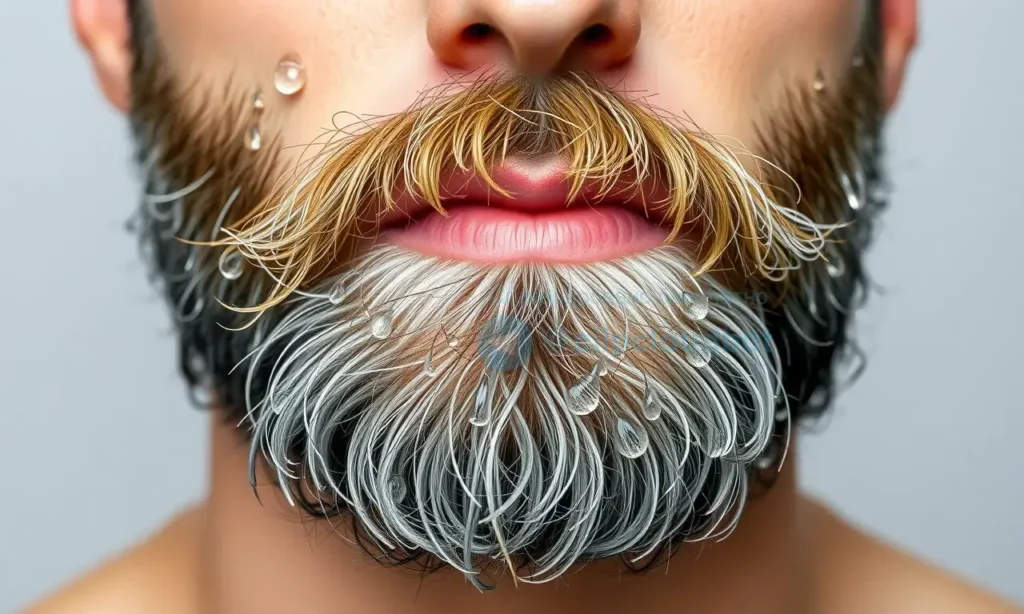 A close-up of a freshly washed beard with water droplets, showing clean, well-groomed facial hair against a neutral background. The beard appears soft, hydrated, and styled, with a natural shine to emphasize freshness and cleanliness.