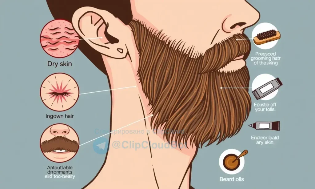 A detailed illustration of a man with a beard, showcasing common grooming mistakes and their effects on the skin. The image should include visual representations of issues like dry skin, ingrown hairs, and uneven beard growth. Additionally, depict proper grooming techniques and tools such as beard oils, brushes, and trimmers to highlight the correct way to care for a beard.