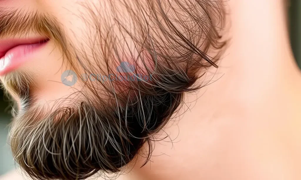 A close-up of a man's beard after applying beard oil, showing a subtle reddish tint or flush on the skin near the beard line, indicating mild irritation or redness, realistic skin texture, natural lighting, no text or symbols on skin