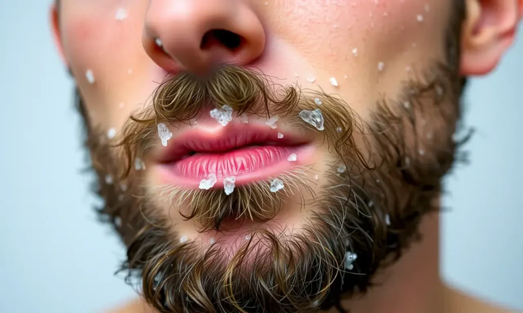 A close-up view of a man's face showing dry, flaky skin under the beard after a shower, with visible white flakes on the skin beneath facial hair, soft natural lighting, realistic skin texture, no text or symbols