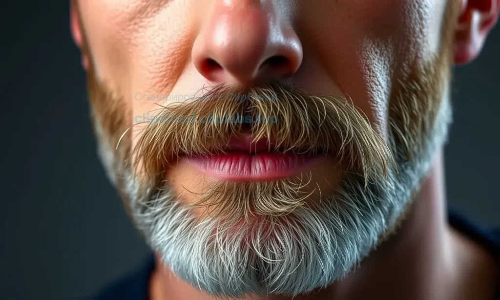 A realistic close-up of a man's face showing a slowly growing beard after age 35, with natural skin texture and subtle lighting highlighting the beard growth pattern, no text or symbols on the image