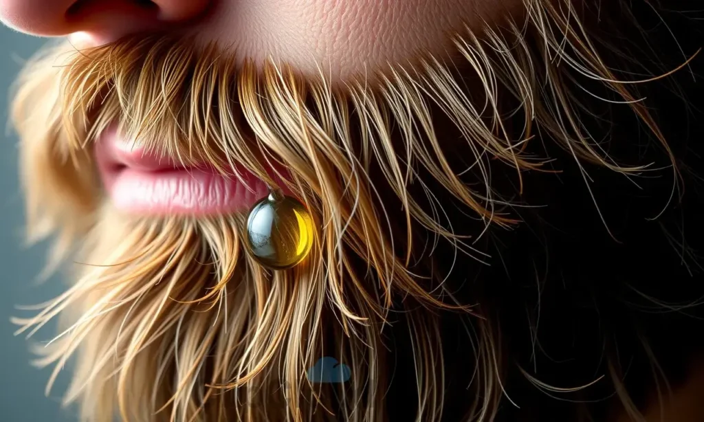 A close-up of a well-groomed man's beard with a few drops of clear beard oil glistening on the hair, showing a subtle oily sheen but no excessive shine, natural lighting, realistic texture, high quality, 1280x720