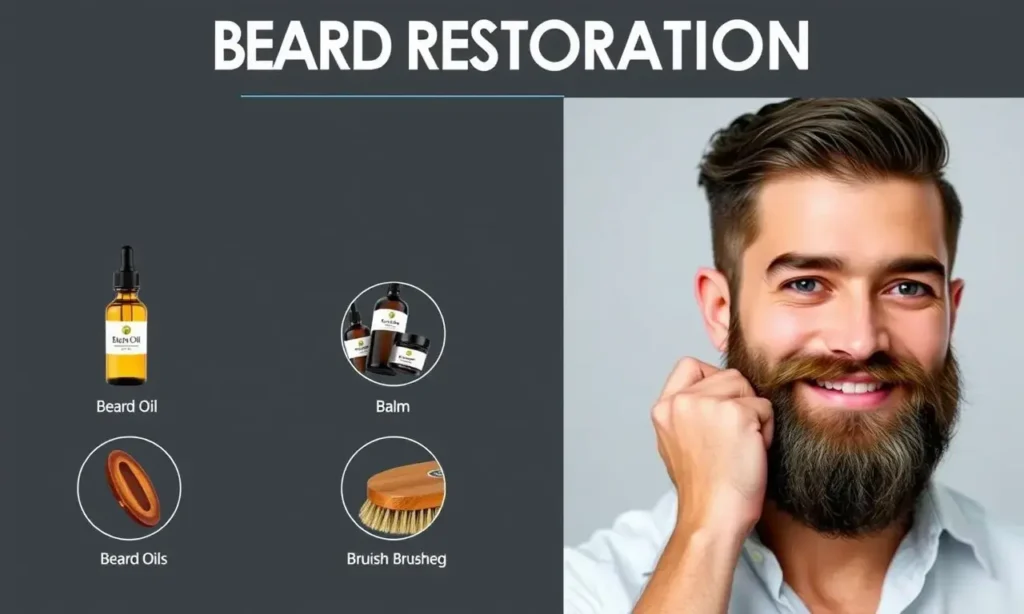 A well-groomed man with a neatly trimmed beard, showcasing the stages of beard restoration. The image should depict the process of beard care, including the use of beard oils, balms, and brushes. The man should have a confident and satisfied expression, highlighting the success of the systematic approach to beard restoration.