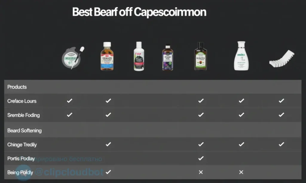 A high-quality comparison table showing popular beard softening products, with clear labels and visual icons representing each product, clean modern design, no text or numbers on the image, no NSFW content