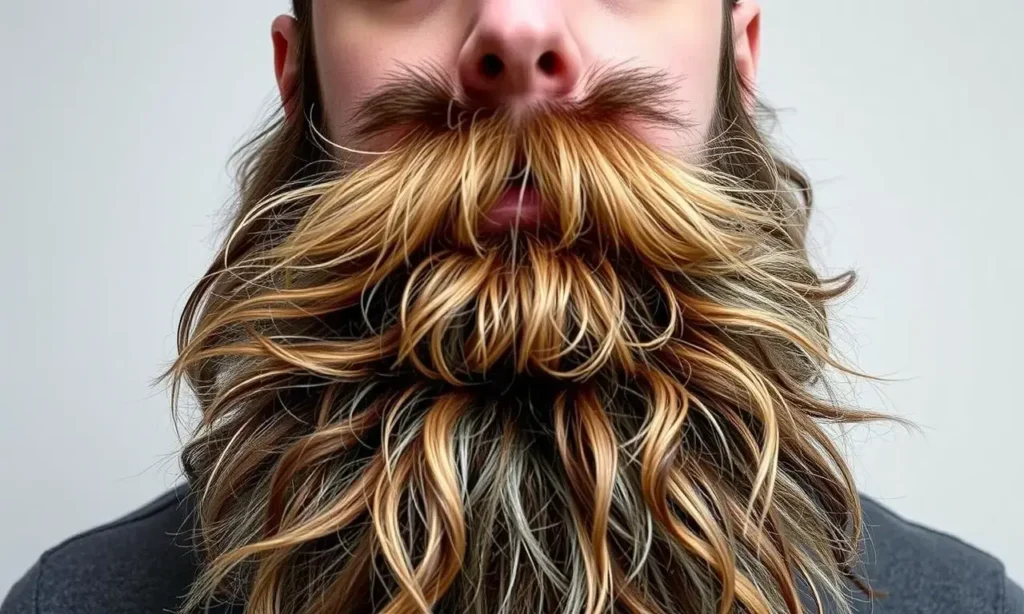 A man with a thick, bushy beard that appears wild and unruly, with strands sticking out in various directions, showing the texture and volume of a full beard. The background is neutral to keep focus on the beard.
