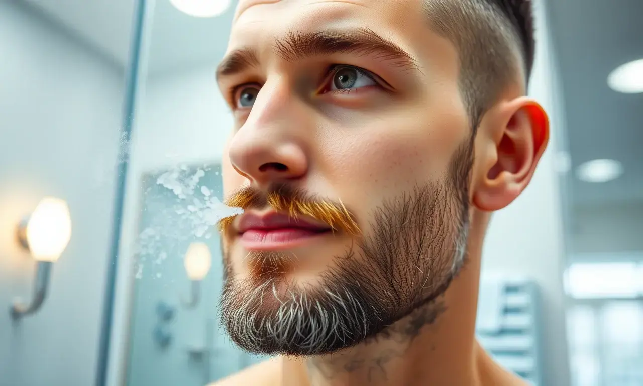 A clean-shaven man with a well-groomed beard and mustache, showing freshness and cleanliness, with a fresh, pleasant scent visually represented by subtle glowing particles or a fresh breeze effect around his face, in a bright, hygienic setting like a modern bathroom or barber shop, emphasizing the contrast between bad odor and freshness, no visible text or numbers