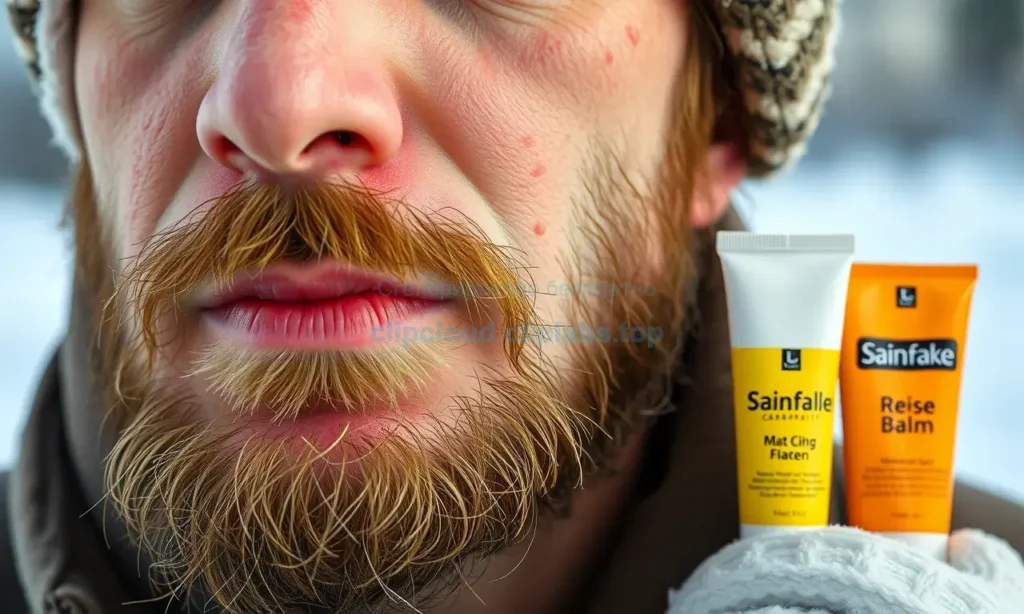 A close-up of a man's face showing red, irritated skin under his beard caused by cold wind, with soothing skincare products like balm and moisturizer nearby, natural winter outdoor setting