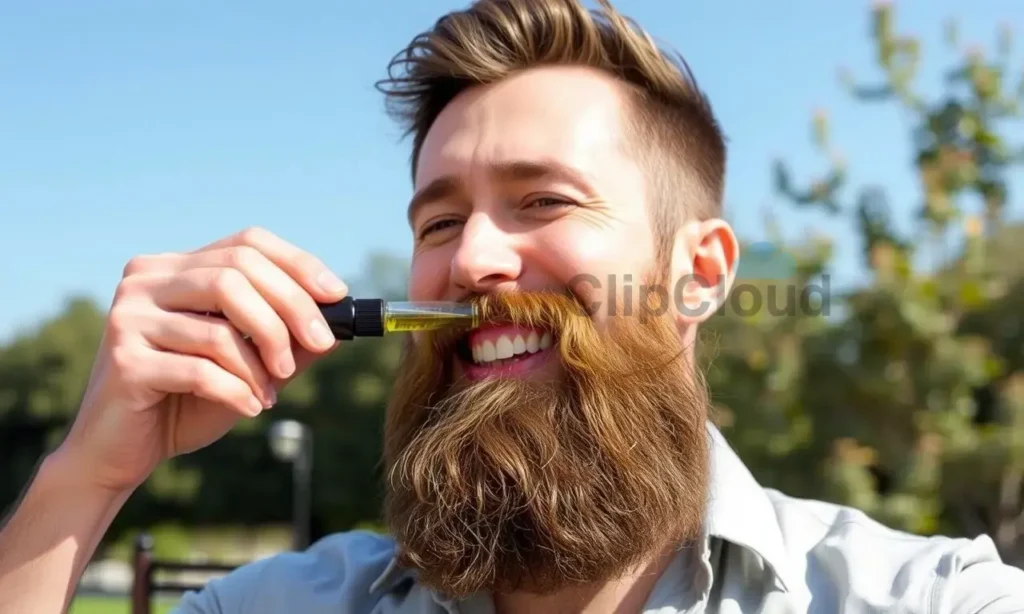 A well-groomed man with a thick, healthy beard enjoying a sunny day outdoors. He is wearing a light, breathable shirt and is applying beard oil to keep his beard clean and fresh. The background includes elements of nature like trees and a clear blue sky, emphasizing a healthy and active lifestyle. The man is smiling, indicating confidence and good beard care.