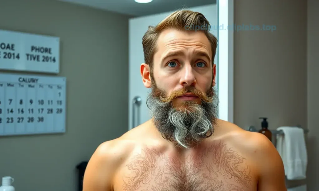 A man in his late 30s with a beard that is growing slowly, showing sparse and patchy areas, standing in front of a mirror in a well-lit bathroom. The background includes subtle elements like a calendar marked with dates related to beard growth milestones, a bottle of beard oil, and a comb. The lighting should emphasize the texture of the beard and the man's concerned expression.