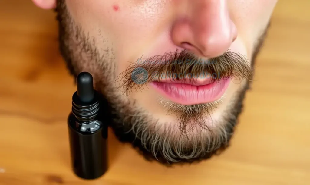 A close-up of a man's face showing mild skin redness on the cheeks and jawline after using beard oil, with a small bottle of beard oil nearby on a wooden surface, soft natural lighting, realistic skin texture, no visible text or labels