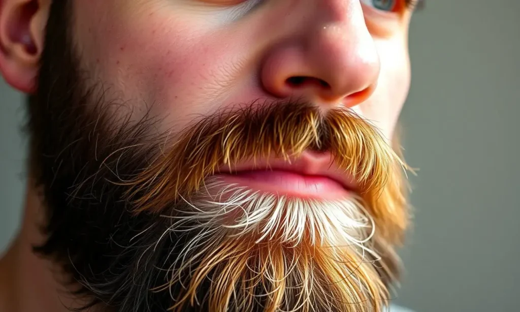 A close-up portrait of a man with a thick, well-groomed beard and oily facial skin, standing in soft natural light, showing visible sebum on the cheeks and forehead but dense, healthy beard growth covering the jawline and neck, realistic skin texture with subtle shine, no acne or irritation, focused on demonstrating that beard thickness is possible despite oily skin, shallow depth of field, photorealistic style