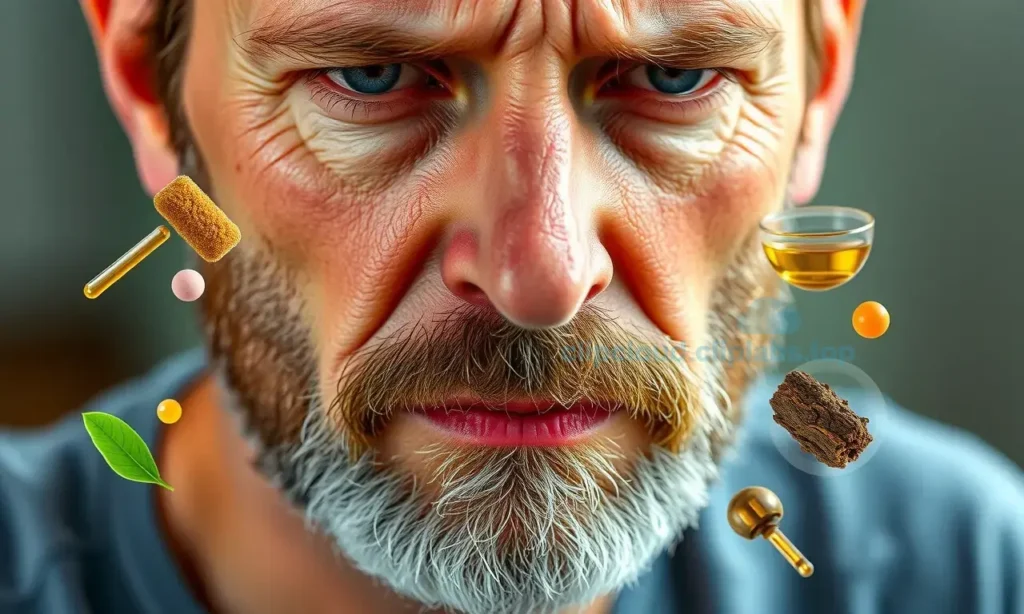 A close-up portrait of a man with a noticeably thinner beard after illness, showing subtle skin texture and a concerned expression, with a faint, translucent overlay of 10 natural ingredients like vitamins, oils, and herbs floating gently around his face as if emerging from his skin, all rendered in high detail with soft natural lighting, no text or symbols on the ingredients, no medical equipment, no words visible