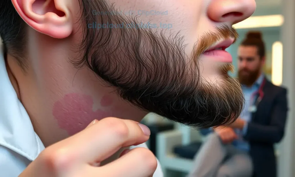 A close-up of a man's face showing mild redness on the skin after applying beard oil, with a dermatologist and barber discussing safety tips in the background, professional medical advice context, high quality, 1280x720 resolution