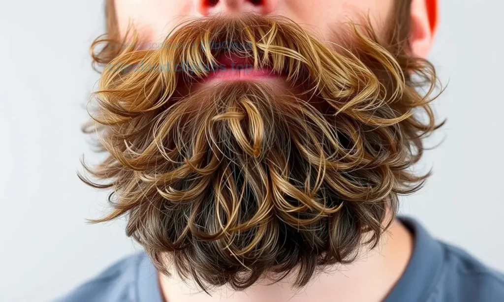 A man with a bushy, tousled beard that sticks out in various directions, showing the texture and volume of a thick beard. The beard should appear slightly unkempt, with strands pointing in different directions, but still looking natural and realistic. The background should be neutral and blurred to keep the focus on the beard.