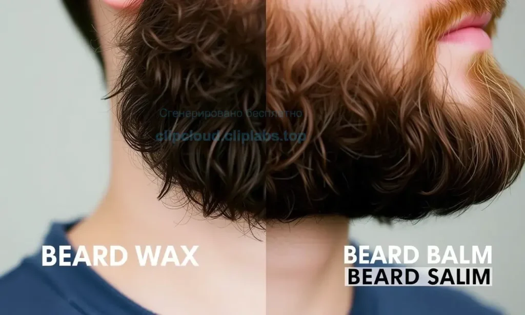 A close-up of a man's beard with one half treated with beard wax and the other half with beard balm, showing the texture and shine difference. The background is neutral and blurred to focus on the beard products. No text or labels should be visible.