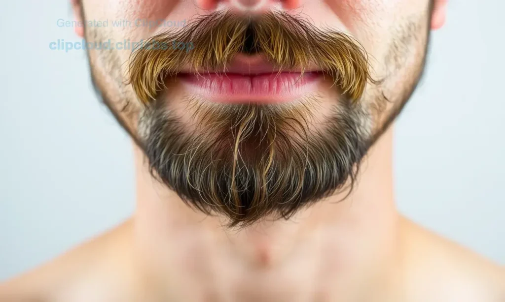 A close-up of a man's face showing a few loose strands of beard hair falling off like small tufts, with a neutral background, realistic skin texture, natural lighting, no text or symbols on the image