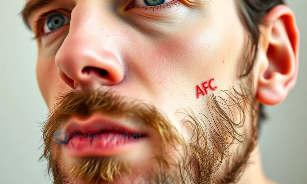 A close-up of a man's face showing mild redness on the skin after using beard oil, with a concerned expression, natural lighting, realistic skin texture, no text or symbols on the skin, no medical equipment, no exaggerated effects