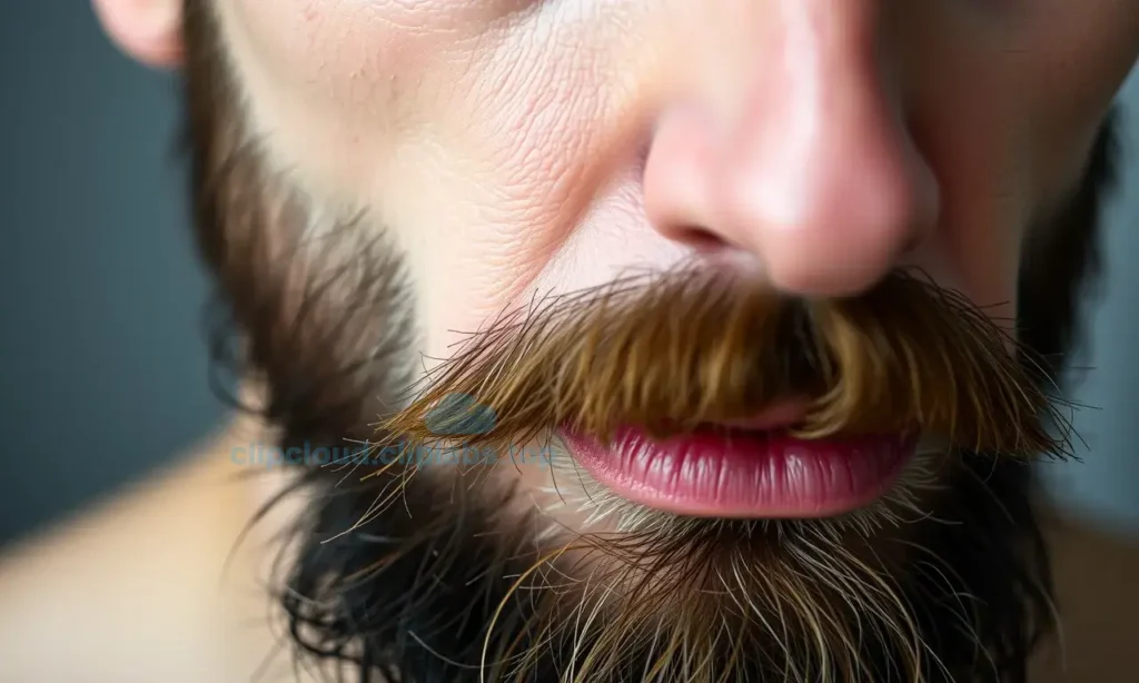 A close-up view of a man's face with a well-groomed beard, focusing on the skin beneath the beard showing signs of dryness and irritation — slight redness, flaky patches, and subtle itching sensation implied visually. The skin texture is detailed, with natural facial hair growing through it. Soft, even lighting highlights the skin condition without harsh shadows. No text, symbols, or words appear in the image. The background is softly blurred to emphasize the facial area.