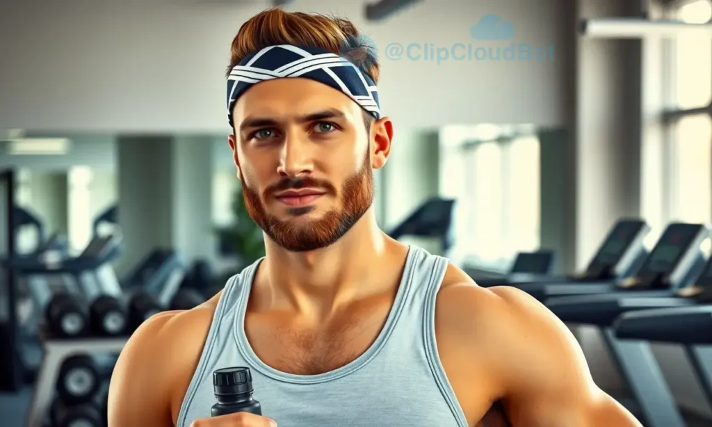 A clean-shaven man with a well-groomed short beard, wearing a sports headband and holding a water bottle, standing in a modern gym with dumbbells and a treadmill in the background, bright lighting, high detail, realistic style