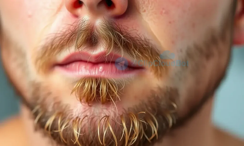 A close-up of a man's face showing the skin under a short beard with visible dryness and irritation, gentle redness, and subtle flaking, soft natural lighting, realistic skin texture, no text or symbols