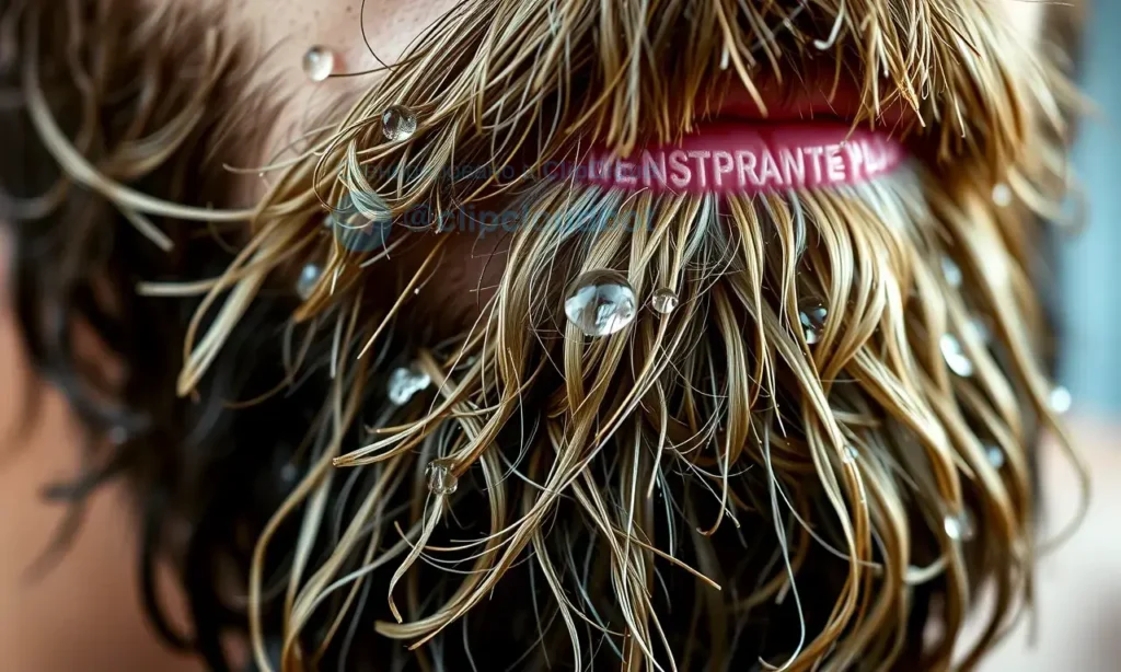 A close-up of a freshly washed beard with water droplets, showing subtle dirt particles trapped in the hair, realistic lighting, natural skin texture, and a clean but slightly rugged appearance