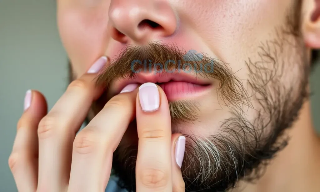 A close-up portrait of a man with a soft, well-groomed beard that appears slightly prickly or irritating to touch, despite visible signs of beard oil or balm applied; his partner’s hand is gently reaching toward his cheek, showing a subtle grimace or discomfort as if feeling slight itch or scratch, with soft natural lighting highlighting skin texture and beard follicles; background is blurred and neutral, focusing attention on the interaction between beard and skin contact