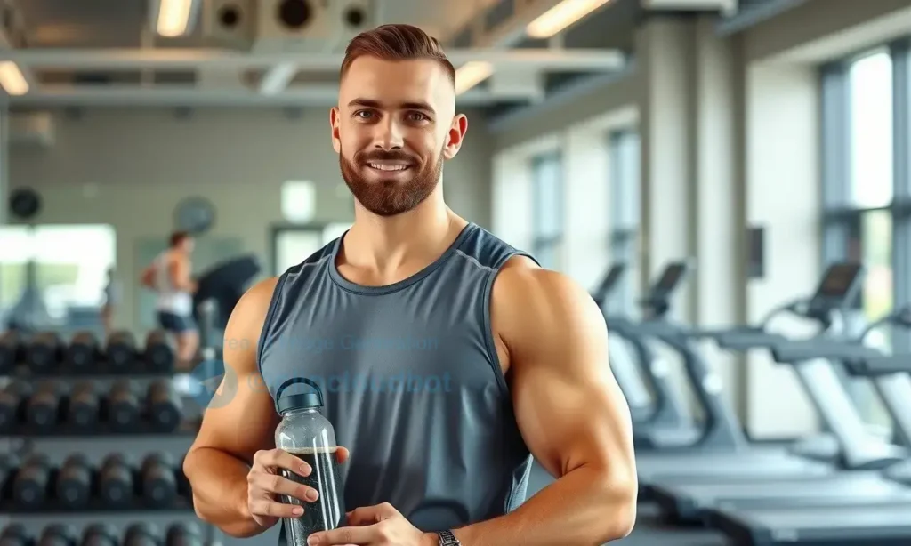 A clean-shaven man with a well-groomed short beard, wearing a sports jersey and shorts, holding a water bottle, standing in a modern gym with dumbbells and a treadmill in the background, bright lighting, realistic detail, no text or symbols on the image