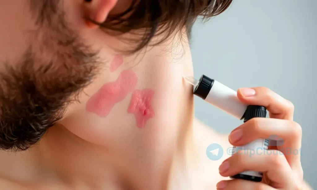 A person with a beard applying skincare products to their neck, showing mild irritation or redness under the beard area. The image should depict a close-up view of the skin with visible redness, slight swelling, or a burning sensation. Include elements like a moisturizer or serum bottle nearby to indicate cosmetic use. Avoid any text, numbers, or letters in the image.