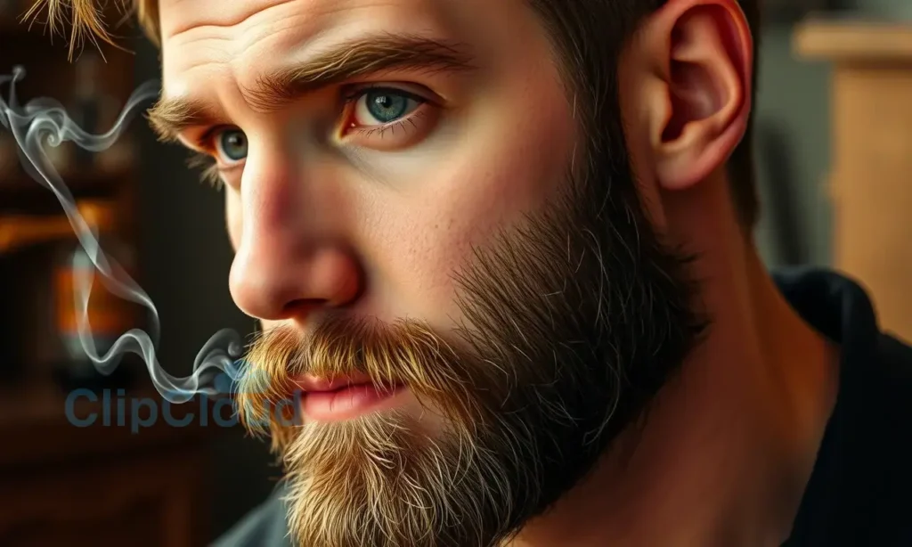 A man with a beard that has a strong tobacco smell, showing a close-up of his face with a thoughtful expression, clean hair, and a clean-shaven neck, with visual cues like a faint smoke wisp or a bottle of tobacco nearby to indicate the source of the odor, in a realistic style