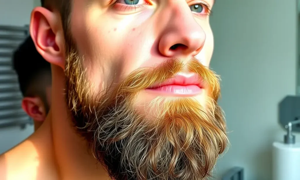 A close-up of a well-groomed man with a neatly trimmed beard, standing in front of a clean bathroom mirror. The man has clear, healthy skin around his jawline and cheeks, showing no signs of irritation or acne. Soft natural lighting highlights the texture of his beard and skin. The background includes subtle bathroom elements like a towel rack and a soap dispenser, but they are blurred to keep focus on the subject. The image should convey proper beard care for sensitive or problem-prone facial s