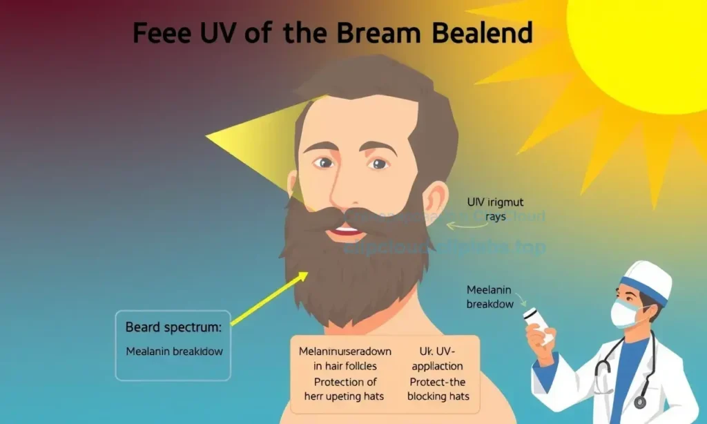 A scientific illustration showing ultraviolet rays from the sun hitting a man's beard, with visible light spectrum highlighting how UV exposure causes beard pigment to lighten, alongside a dermatologist explaining melanin breakdown in hair follicles and demonstrating protective measures like sunscreen application and UV-blocking hats, all in clear educational infographic style
