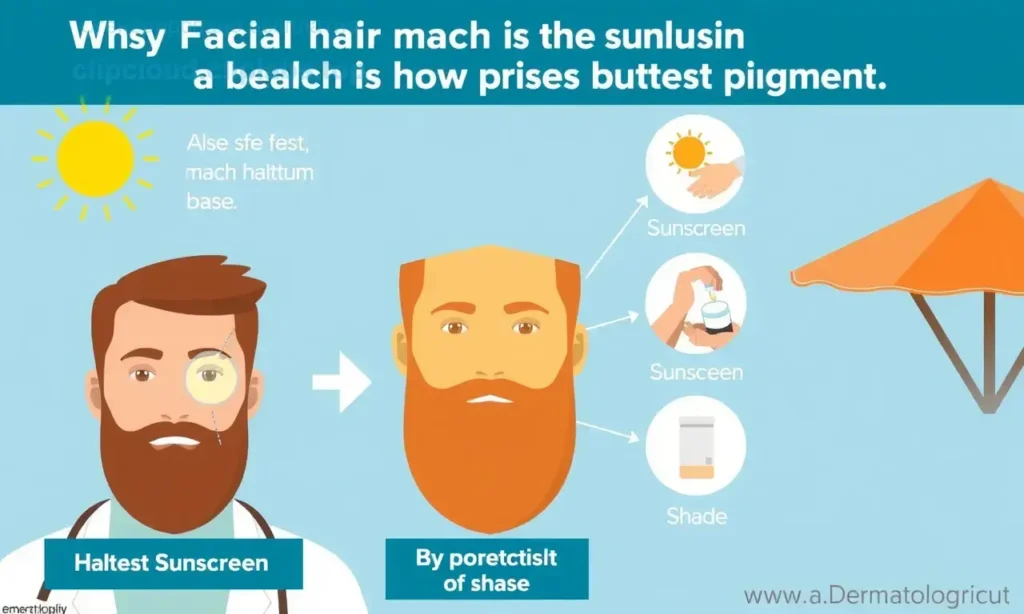 A dermatologist explaining why facial hair lightens in sunlight and how to protect pigment, showing sun exposure on a beard with visible color change, alongside protective measures like sunscreen application and shade, in a clear educational infographic style