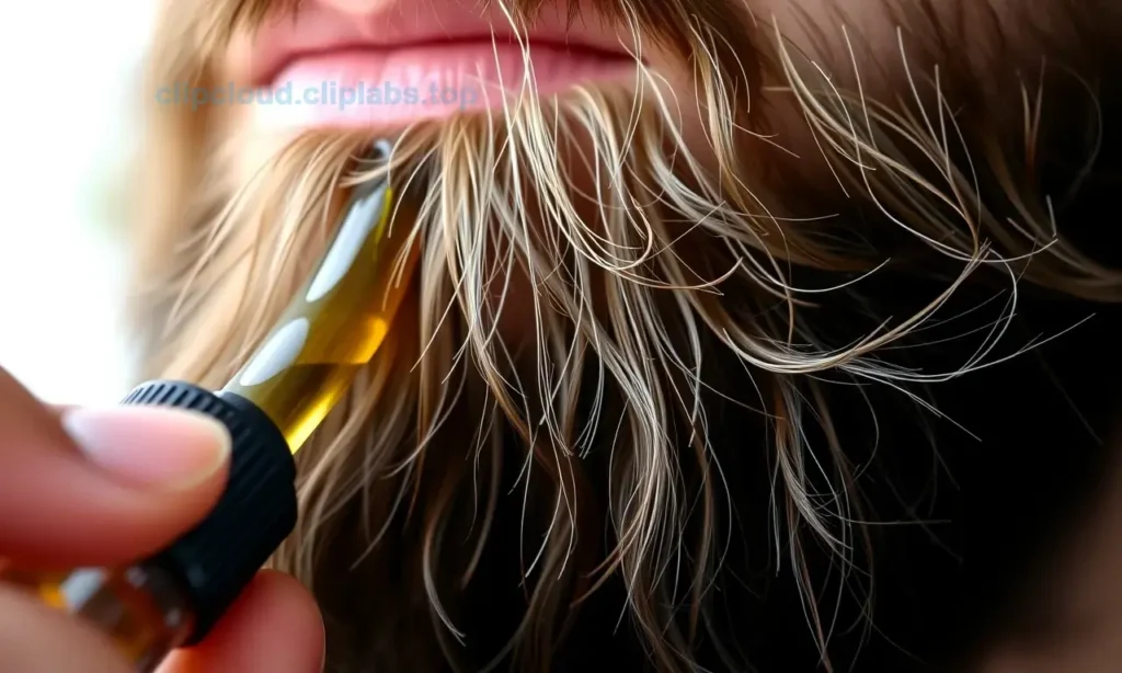 A close-up of a well-groomed beard with healthy, smooth tips, no split ends, showing natural texture and subtle shine from beard oil being applied with fingertips, soft natural lighting, shallow depth of field, focus on the beard hairs and oil droplets, no text, no letters, no digits, no faces visible