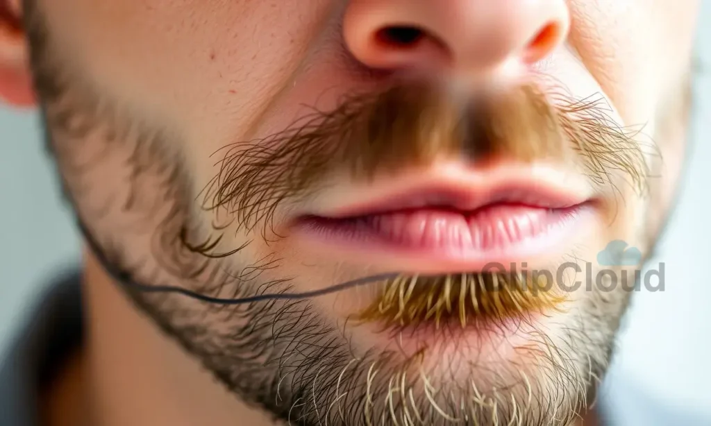 A close-up of a man's chin and jawline showing slightly reddened, tight skin under the beard, with a subtle hint of irritation or discomfort, clean and natural lighting, no text or symbols on the skin, realistic skin texture, no makeup or artificial effects