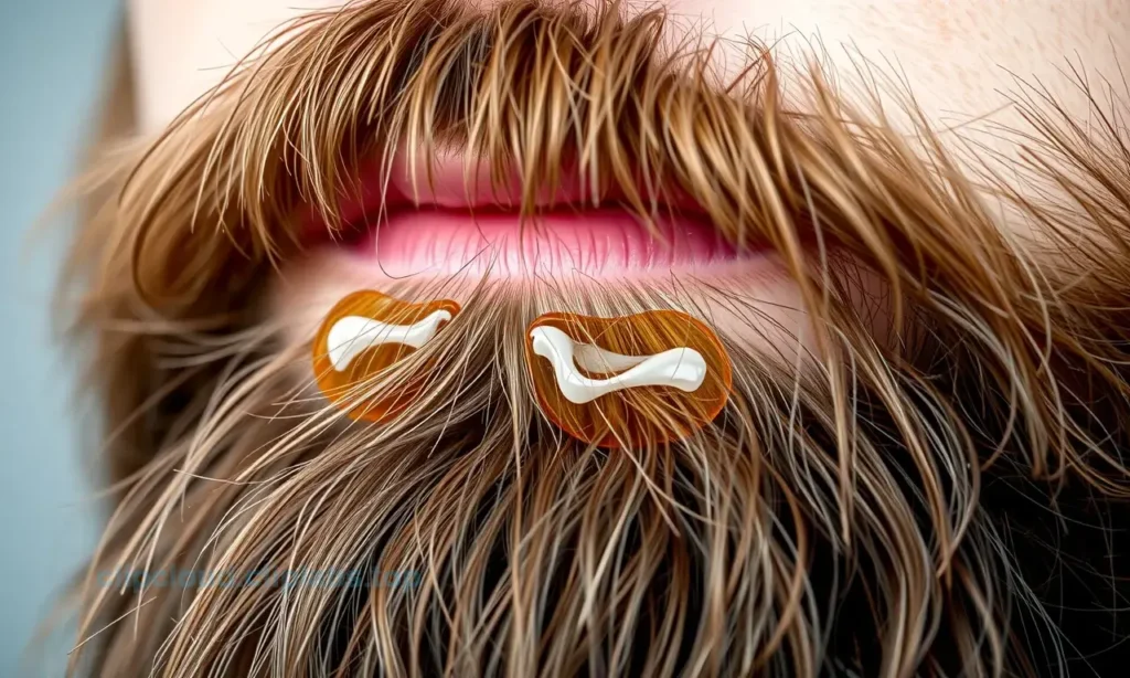 A close-up of a well-groomed beard with a few drops of oil glistening on the surface, showing a matte finish without any shiny or greasy appearance, natural lighting, realistic texture, no text or symbols on the beard