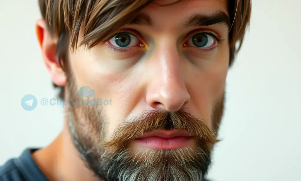 A close-up portrait of a man with a patchy, uneven beard growing in small clumps, showing visible skin between sparse hairs, with a determined expression as he looks slightly off-camera, natural lighting highlighting texture and growth pattern, realistic skin details, no text or symbols on face or beard, clean background