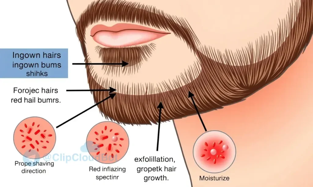 A detailed infographic-style illustration showing a close-up of a man's beard with arrows pointing to ingrown hairs, red inflamed bumps (shikhs), and healthy hair growth, with clear labels in Russian explaining prevention tips like proper shaving direction, exfoliation, and moisturizing, set against a clean white background with medical illustration style, no text on the image itself