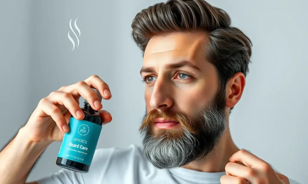 A man with a beard holding a beard care product, showing fresh clean hair, with a fresh air symbol, no smoke or tobacco smell visible, clean background