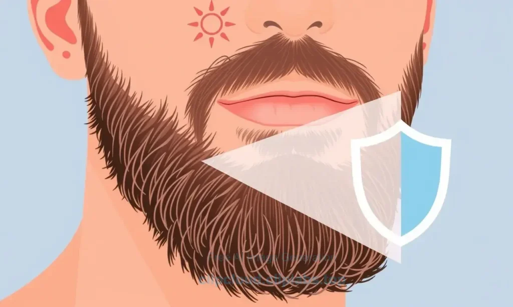 A close-up illustration of a man's face showing a beard with lighter, sun-bleached areas on the top and sides, contrasted with darker, natural color at the bottom, demonstrating sun damage on facial hair, with a sun icon in the background and a protective shield symbol over the beard to represent protection methods
